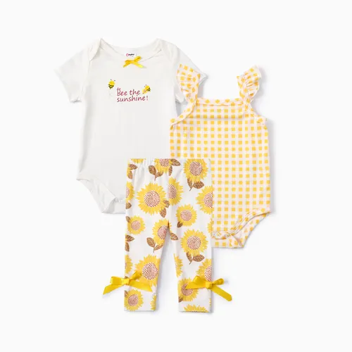 Bebê menina 3pcs doce girassol grade impressão romper e leggings set