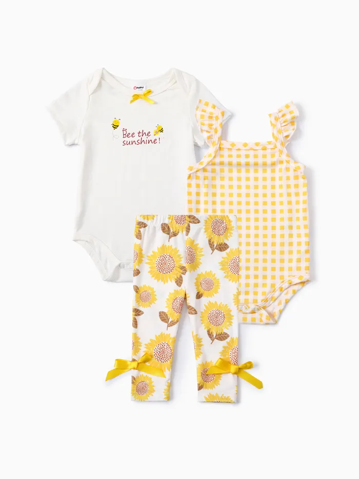Baby Mädchen 3-teiliges süßes Sonnenblumen-Gitter-Print-Strampler- und Leggings-Set
