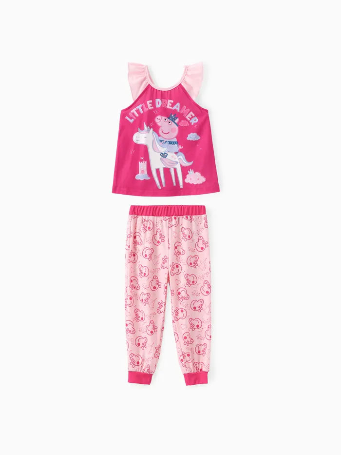 Peppa Pig Kleinkind Mädchen 2 Stück Einhorn Schloss mit Charakterdruck Flutter-Ärmel Top mit Hosen Pyjama Set
