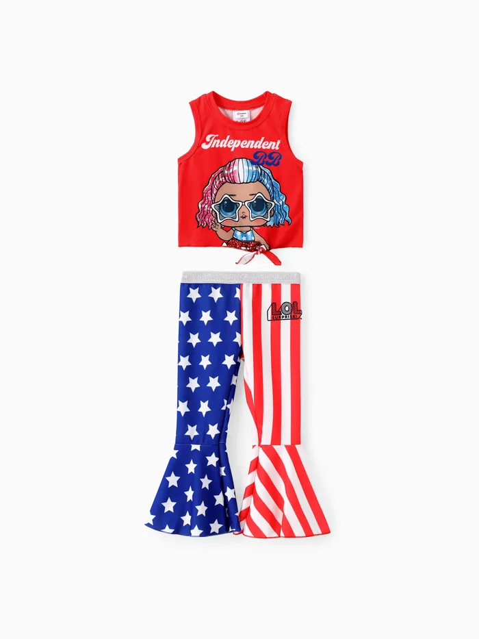 L.O.L. ¡SORPRESA! Camiseta sin mangas con estampado de personajes del Día de la Independencia de las niñas pequeñas / niñas 2pcs con el conjunto de pantalones acampanados con estampado de la bandera nacional