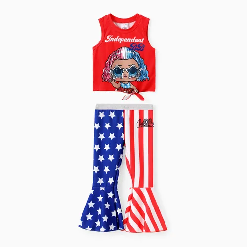 L.O.L. SURPRESA! Toddler/Kid Girls Dia da Independência 2pcs Personagem Print Tank Top com Bandeira Nacional Print Flare Calças Set