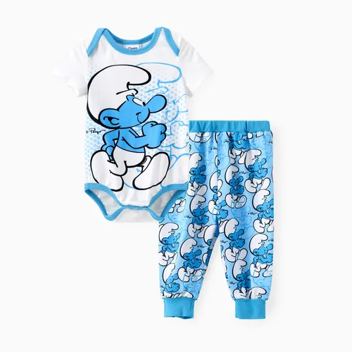 Los Pitufos Bebé Niño/Niña 2pcs Personaje Estampado Mameluco de Manga Corta con Conjunto de Pantalones