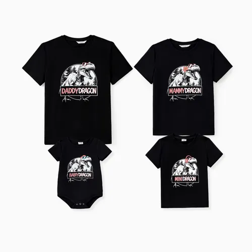 Family Matching Cotton Black Short Sleeves Dinosaur Graphic Tops