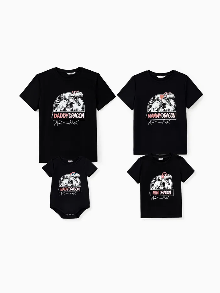 Family Matching Cotton Black Short Sleeves Dinosaur Graphic Tops