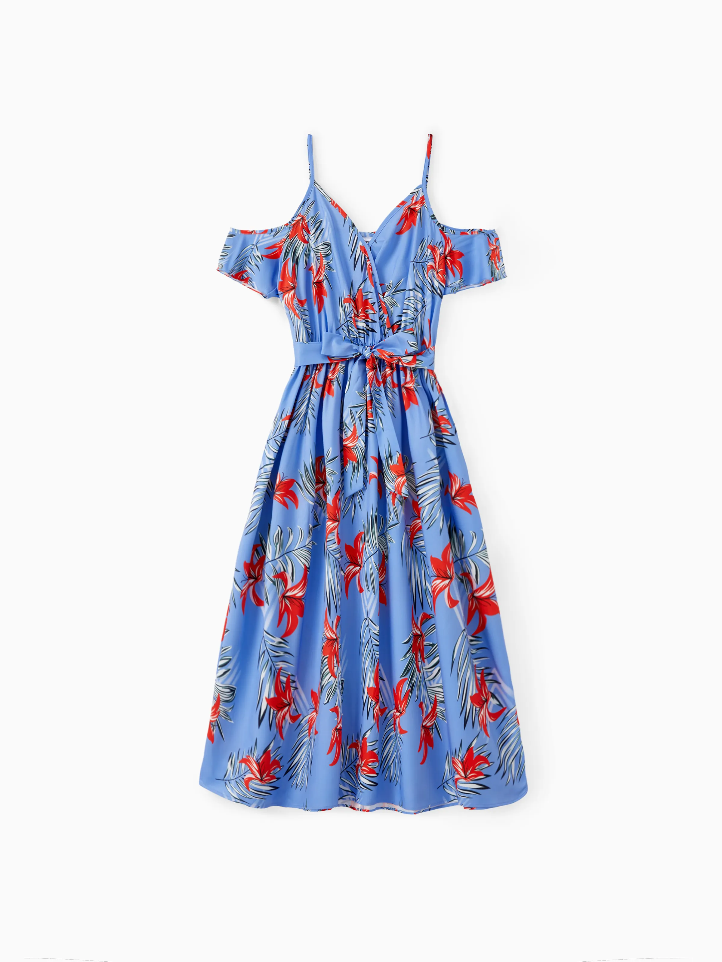 

Mommy and Me Floral Pattern Set with Pockets or Open Shoulder Ruffle Hem Strap Dress with Hidden Snap Button