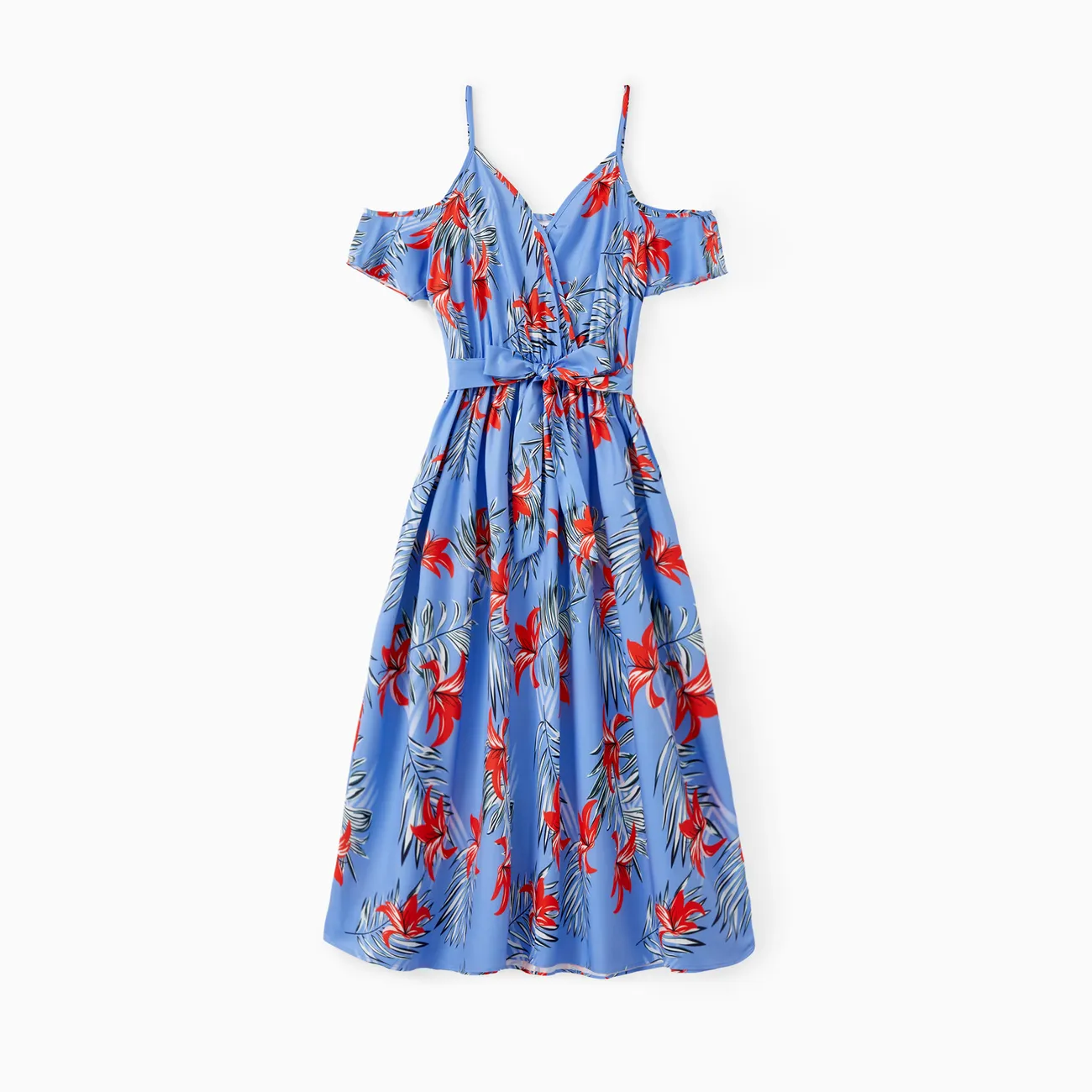 Mommy and Me Floral Pattern Set with Pockets or Open Shoulder Ruffle Hem Strap Dress with Hidden Snap Button