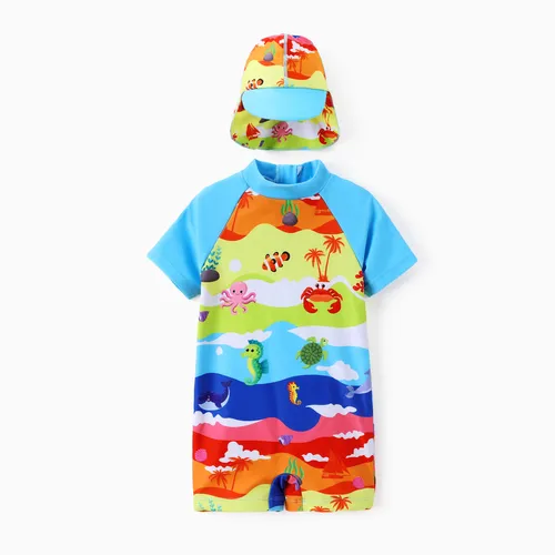 Baby Boy 2pcs Childlike Marine Print Swimsuit with Cap