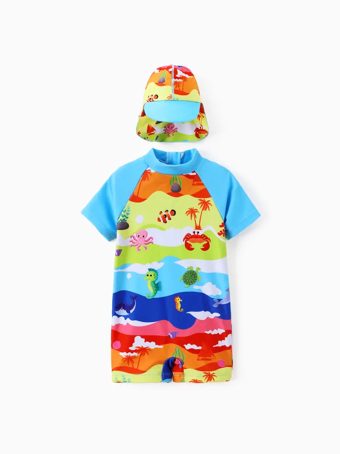 Baby Boy 2pcs Traje de baño con estampado marino infantil con gorra