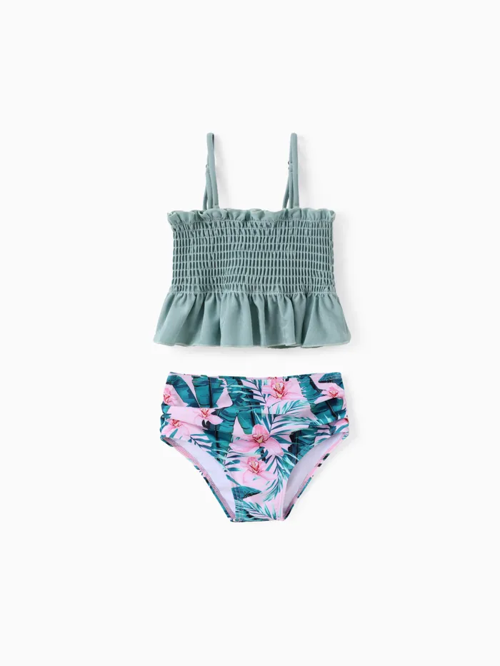2pcs Toddler Girl Sweet Smocking and Floral Design Swimsuit Set