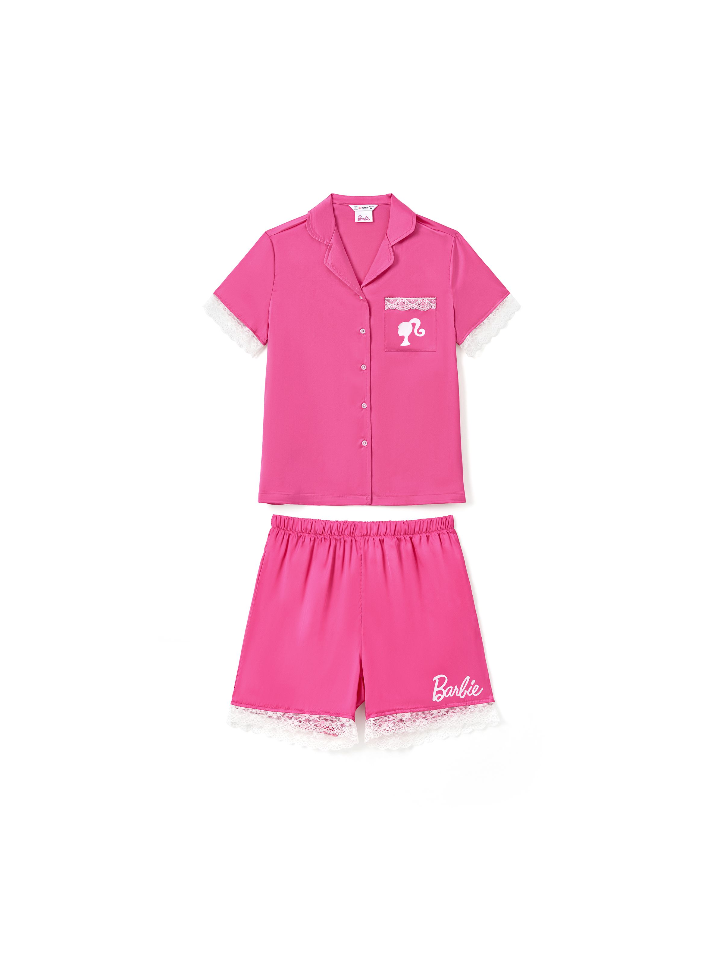 

Barbie Mommy and Me Pink Classic Barbie Logo Print Lace Top with Shorts Casual Set