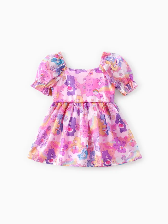 Care Bears Toddler Girls 1pc Manches Bouffantes Lovely Allover Bears Print Puff Sleeves Robe en tulle étincelant