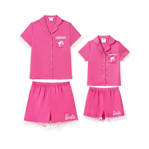 Barbie Mommy and Me Pink Classic Barbie Logo Print Lace Top with Shorts Casual Set