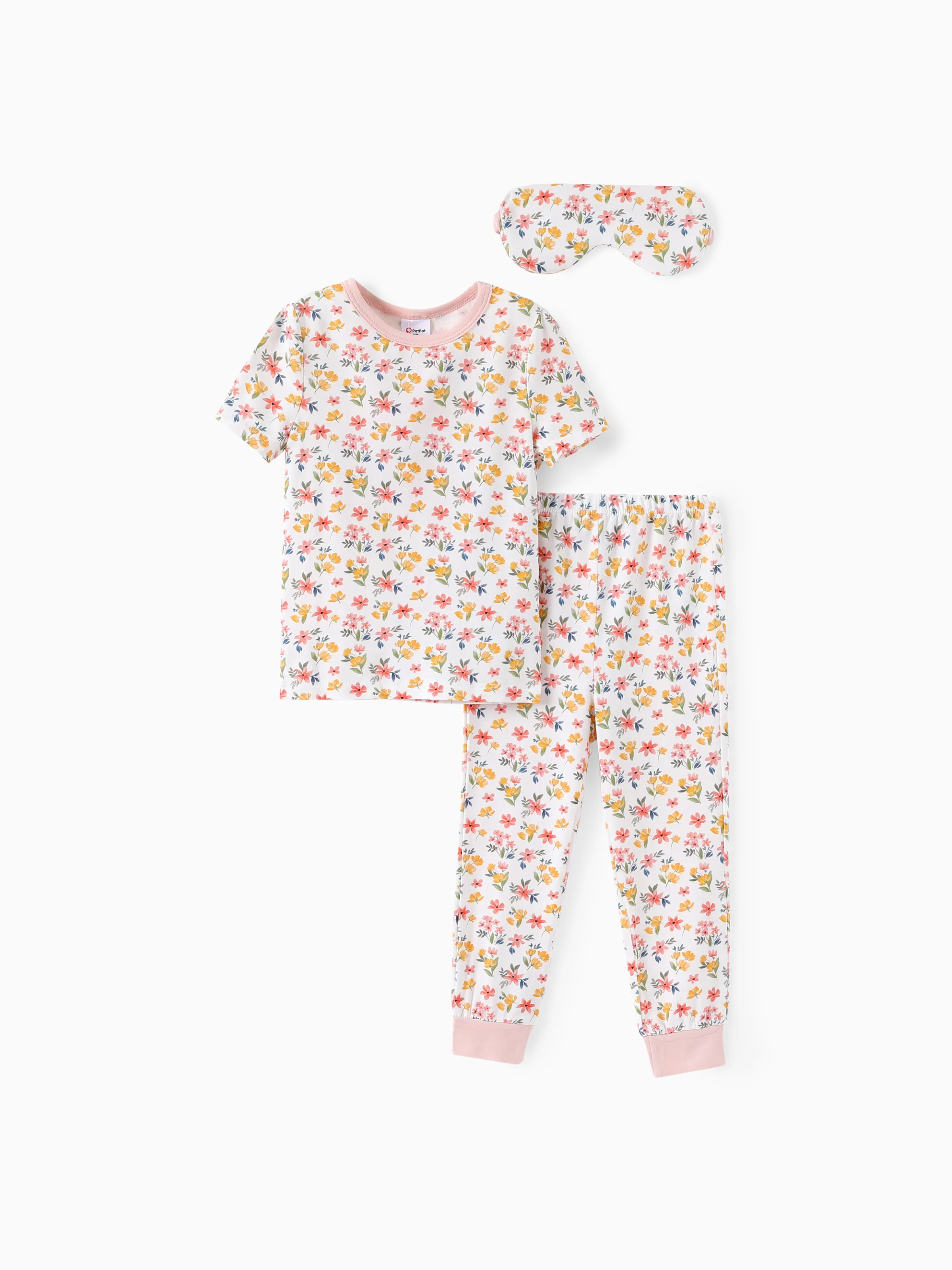 Viscosa de bambú Niña pequeña 3 piezas Pijama estampado Snug Fit con juego de máscara para los ojos