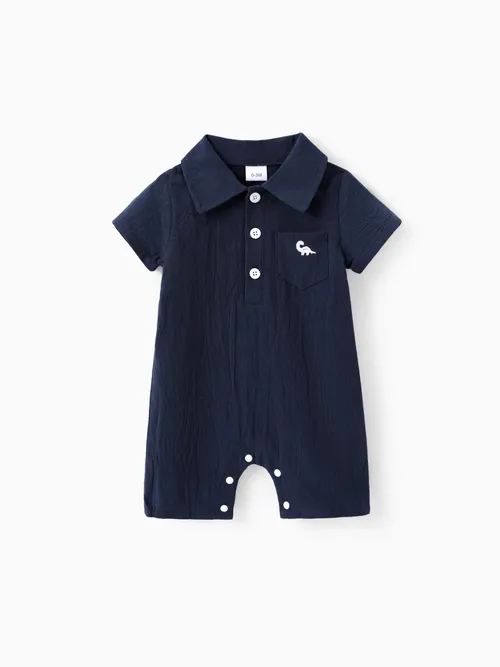 Baby Boy 100% Cotton Front Buttons Pocket with Dinosaur Pattern Lapel Neck Solid Jumpsuit