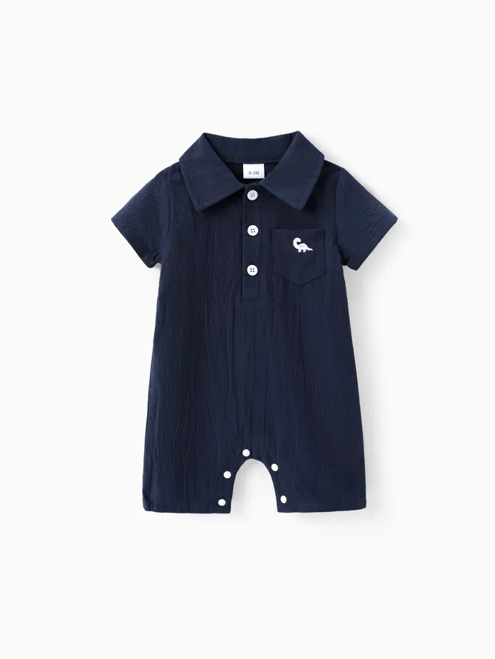 Baby Boy 100% algodón Bolsillo de botones frontales con patrón de dinosaurio Cuello de solapa Traje sólido