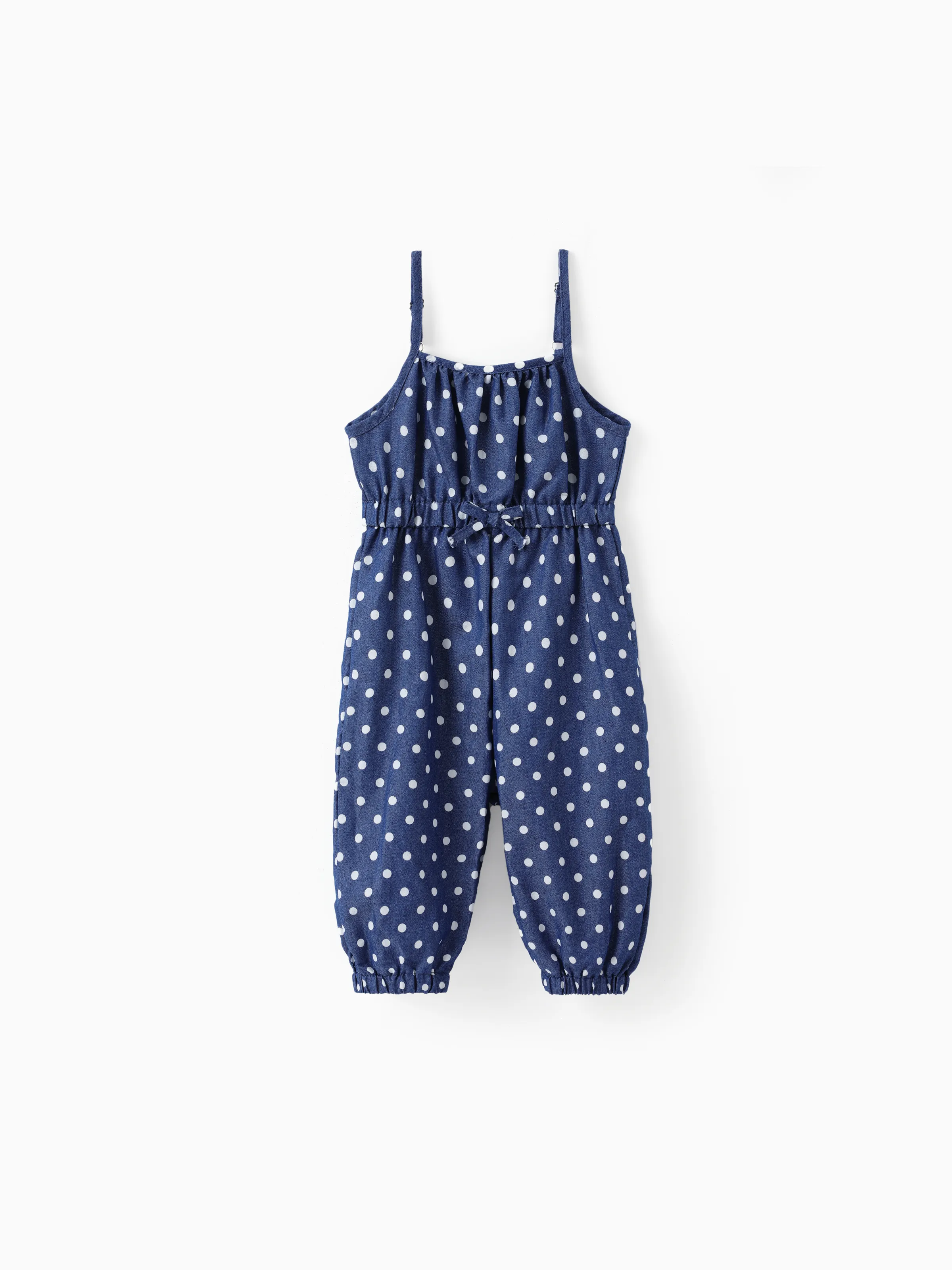 

Toddler Girl Polka dots Bowknot Design Denim Cami Jumpsuits