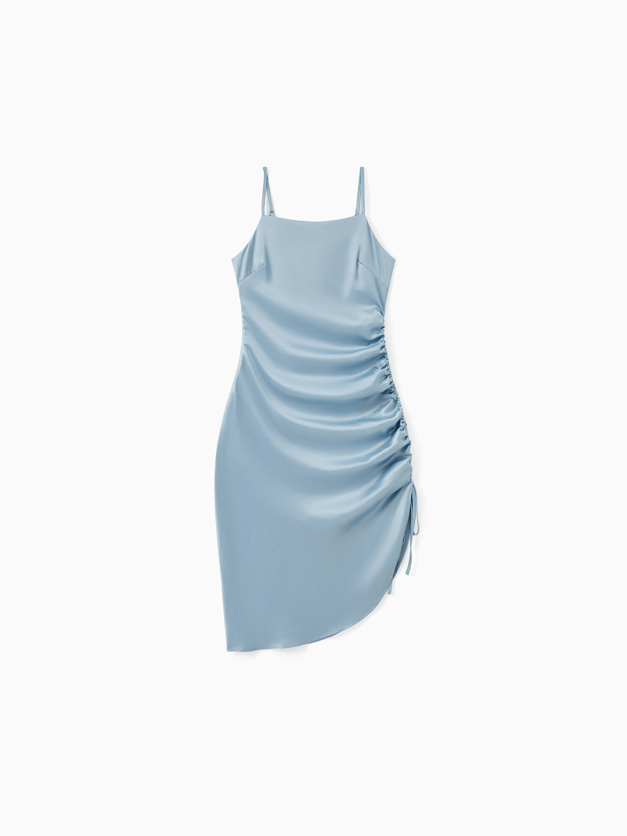 

Mommy and Me Blue Drawstring Side Ruched Detail Satin Silk Slip Dress