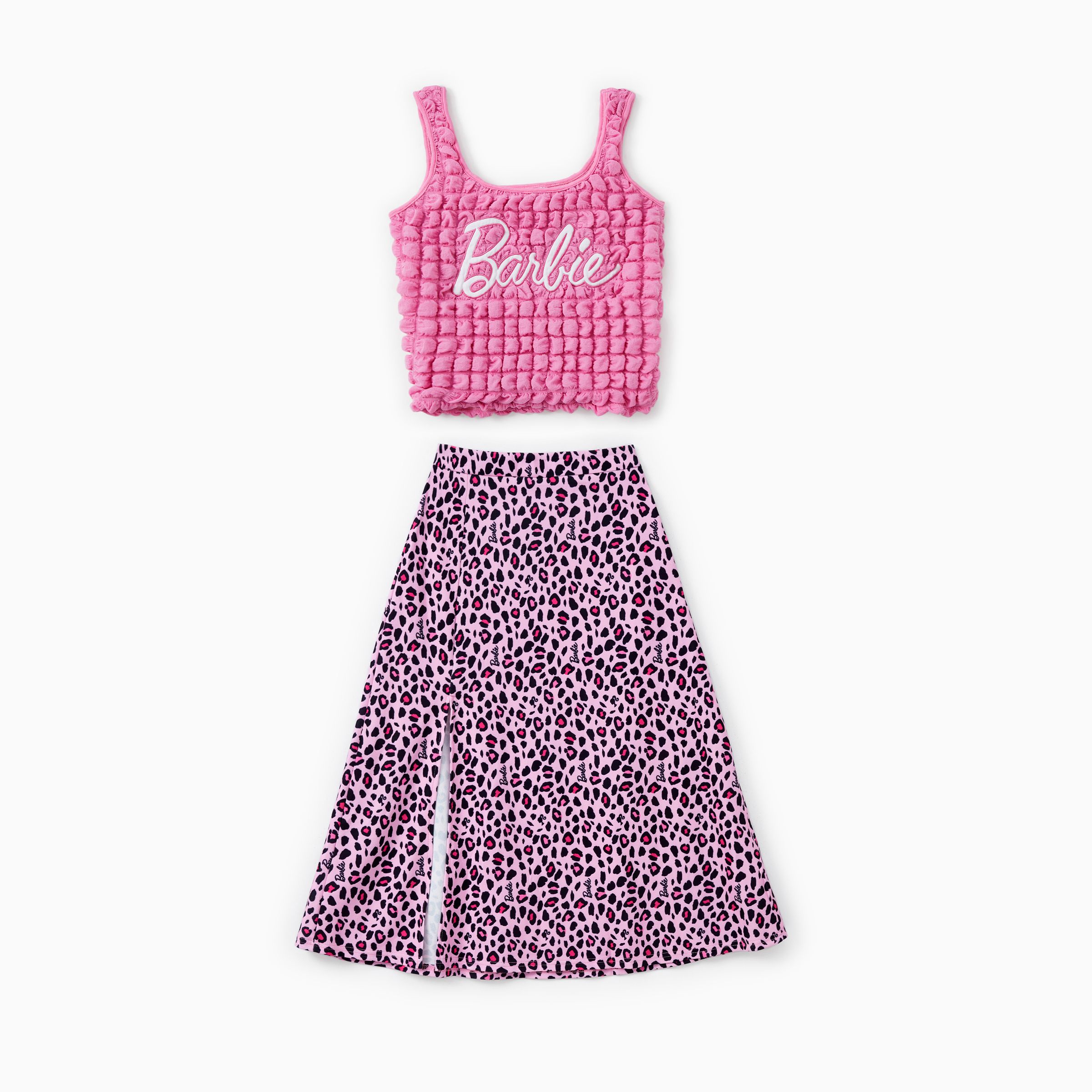 

Barbie Mommy and Me Logo Embroidered Textured Fabric Tank Top and Allover Leopard Print Skirt Set
