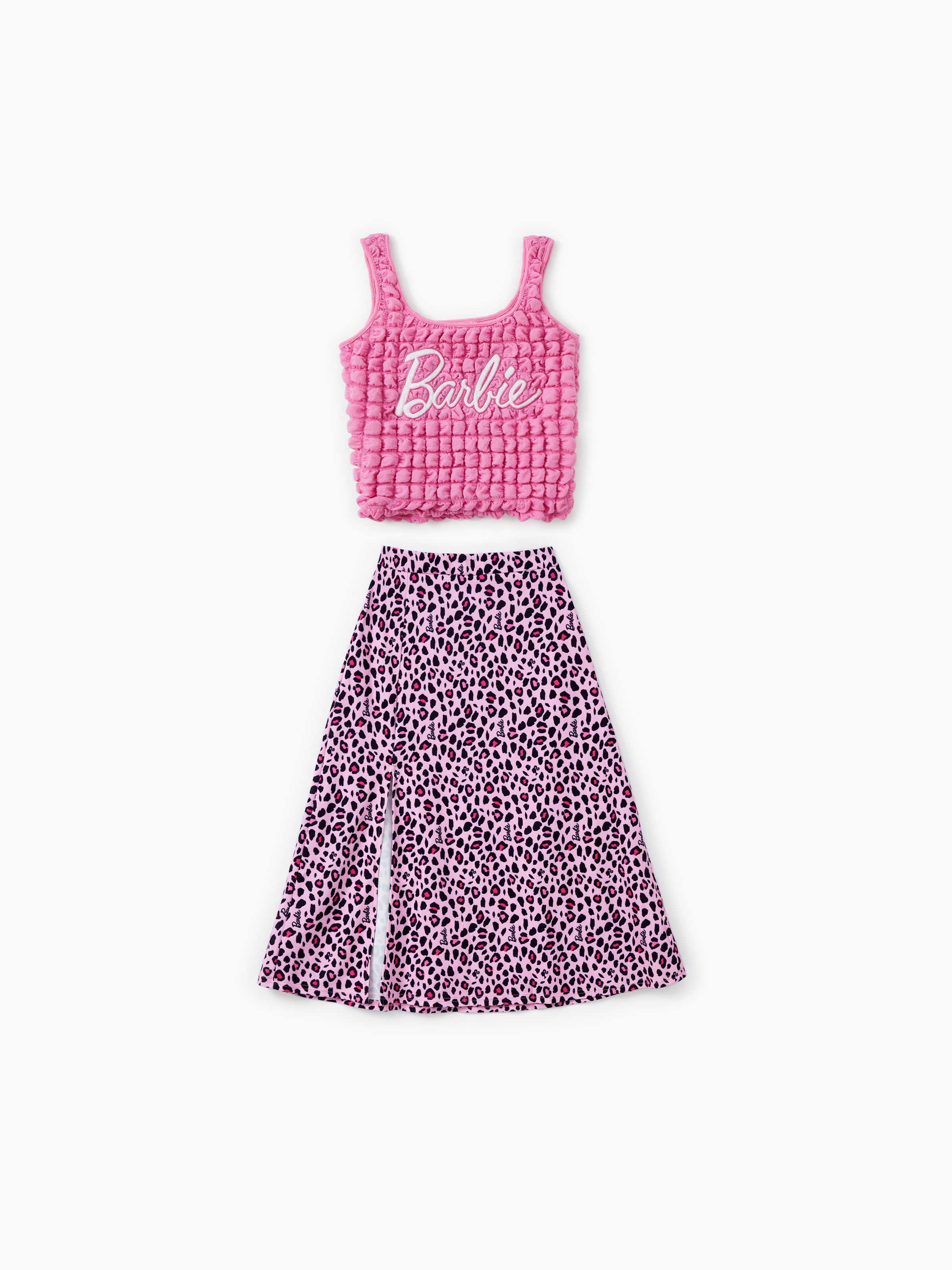 

Barbie Mommy and Me Logo Embroidered Textured Fabric Tank Top and Allover Leopard Print Skirt Set