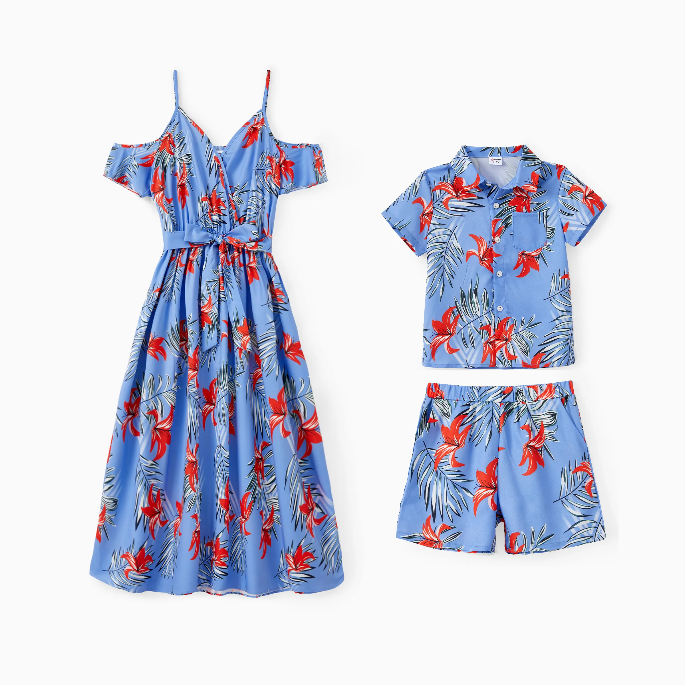 

Mommy and Me Floral Pattern Set with Pockets or Open Shoulder Ruffle Hem Strap Dress with Hidden Snap Button