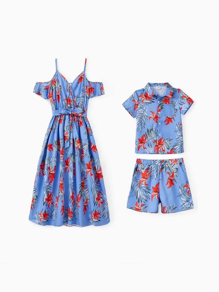 Mommy and Me Floral Pattern Set with Pockets or Open Shoulder Ruffle Hem Strap Dress with Hidden Snap Button