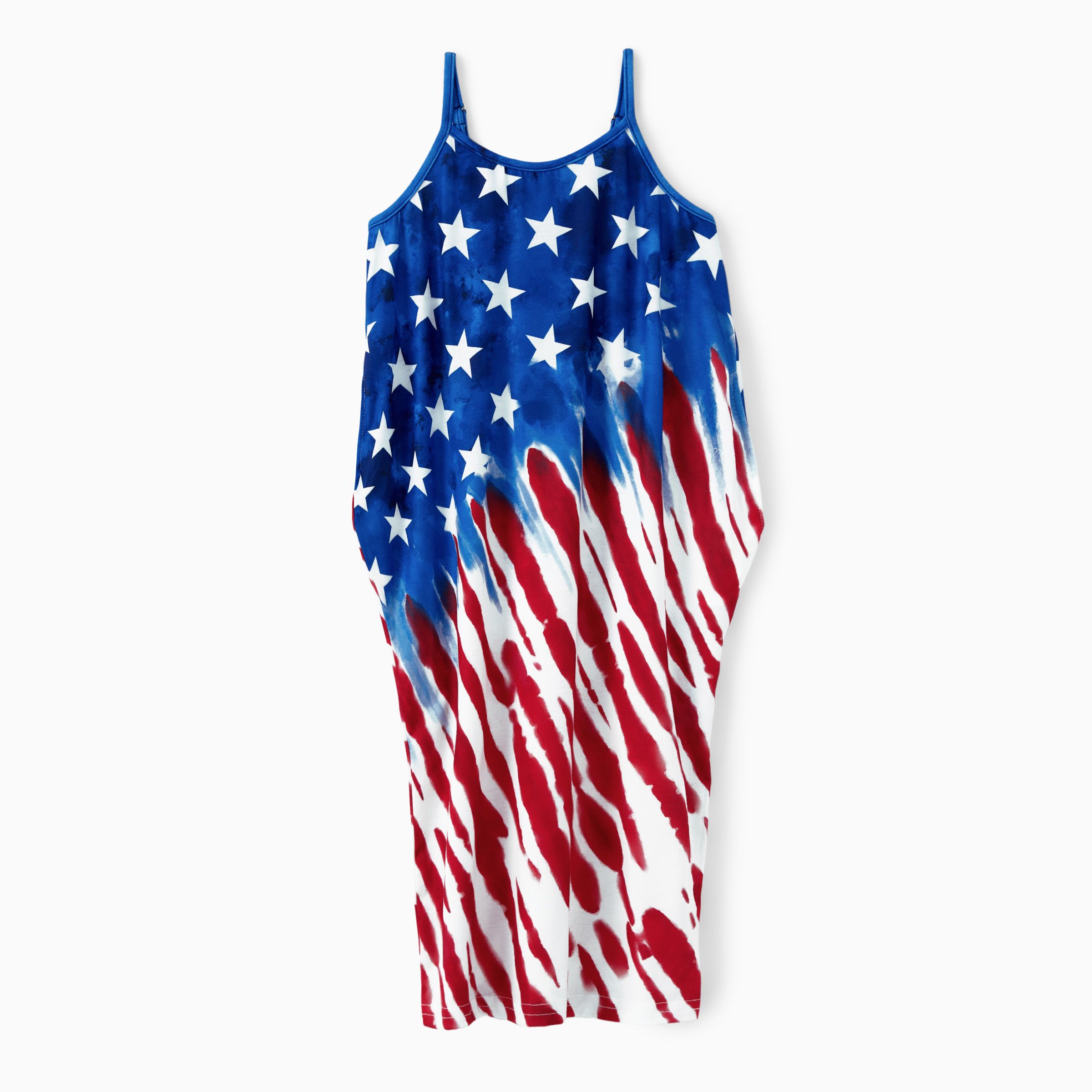 

Independence Day Family Matching Sets American Flag Print T-shirt and Adjustable Strap Midi Dress with Pockets