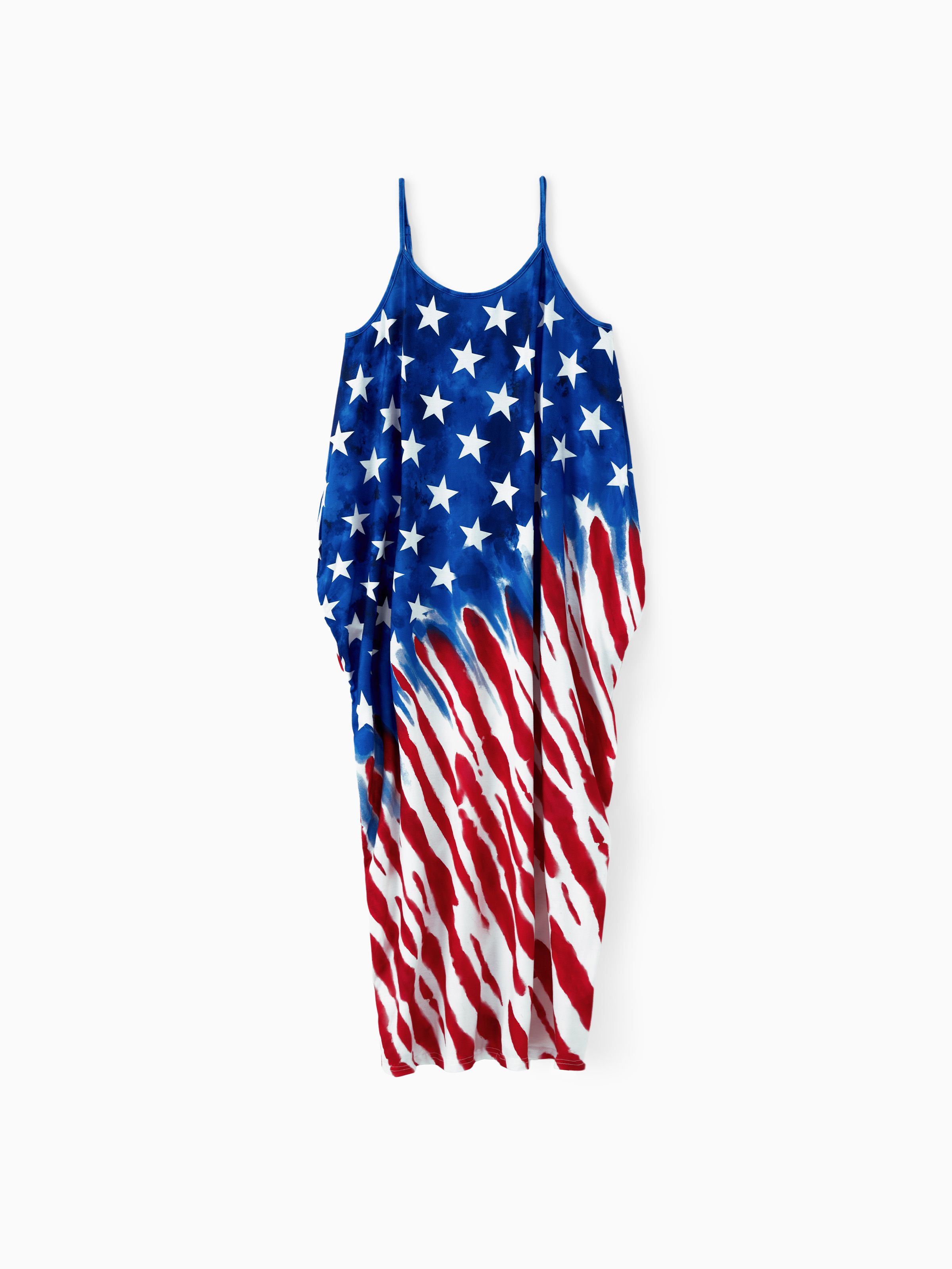 

Independence Day Family Matching Sets American Flag Print T-shirt and Adjustable Strap Midi Dress with Pockets