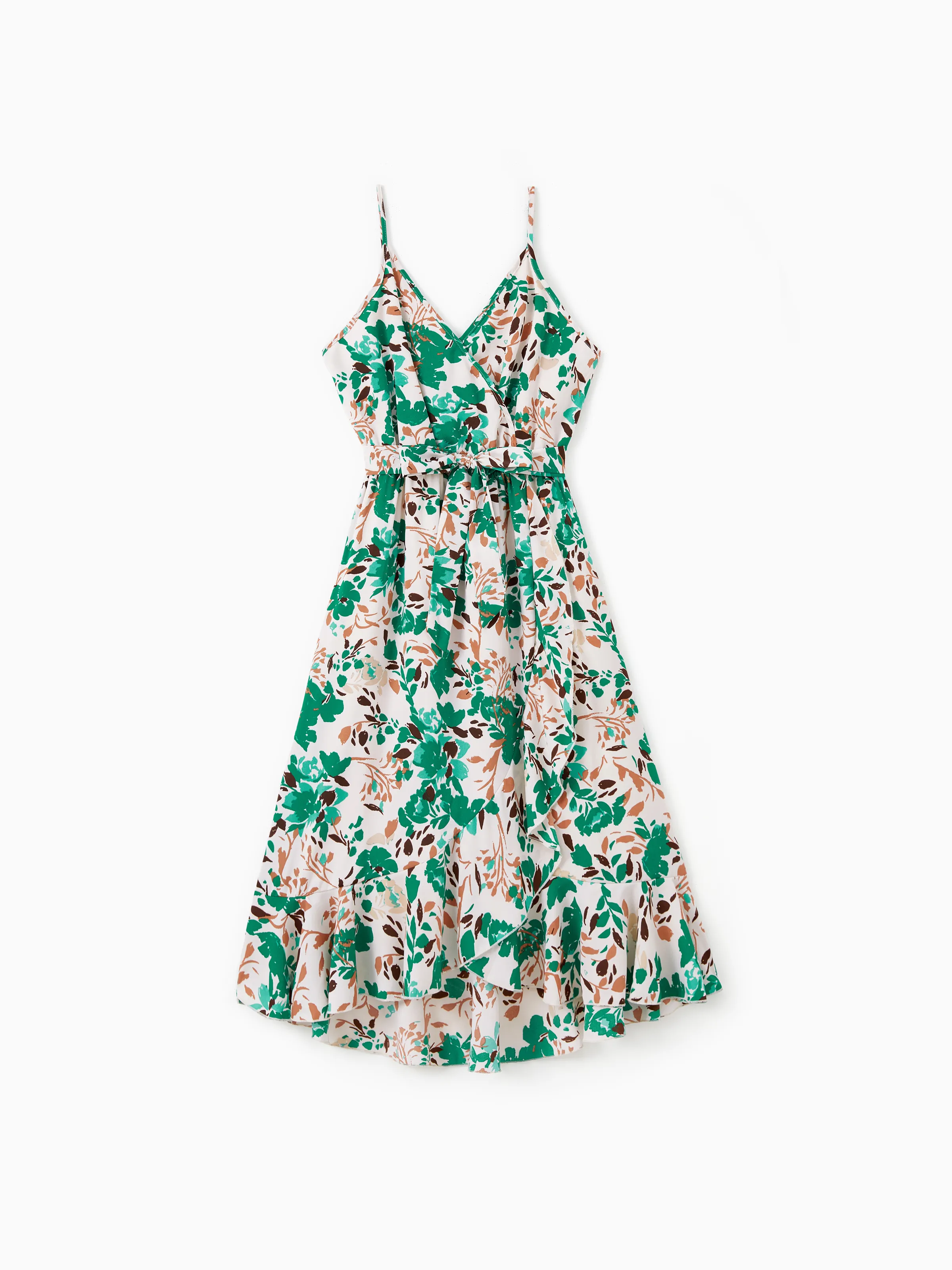 

Family Matching Sets Green Solid Color Tee or Floral Pattern Wrap Bottom Strap Dress with Hidden Snap Button