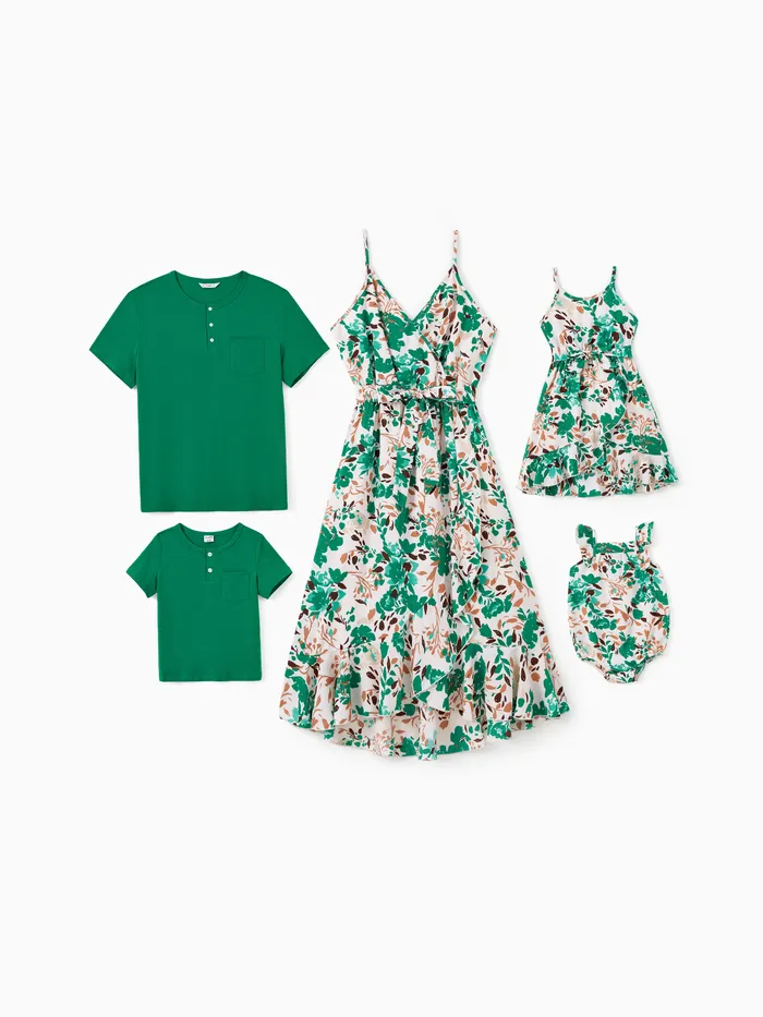 Conjuntos familiares a juego Camiseta verde de color sólido o vestido de tirante inferior cruzado con estampado floral con botón a presión oculto