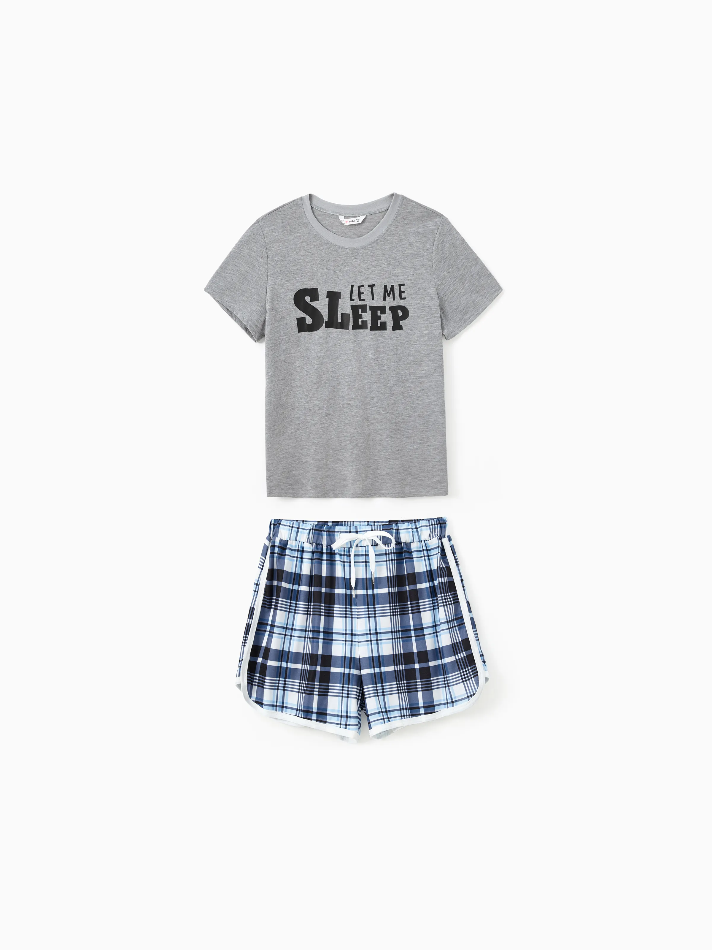 

Family Matching Pajamas Sets Let Me Sleep Slogan Print Top Blue Plaid Drawstring Shorts