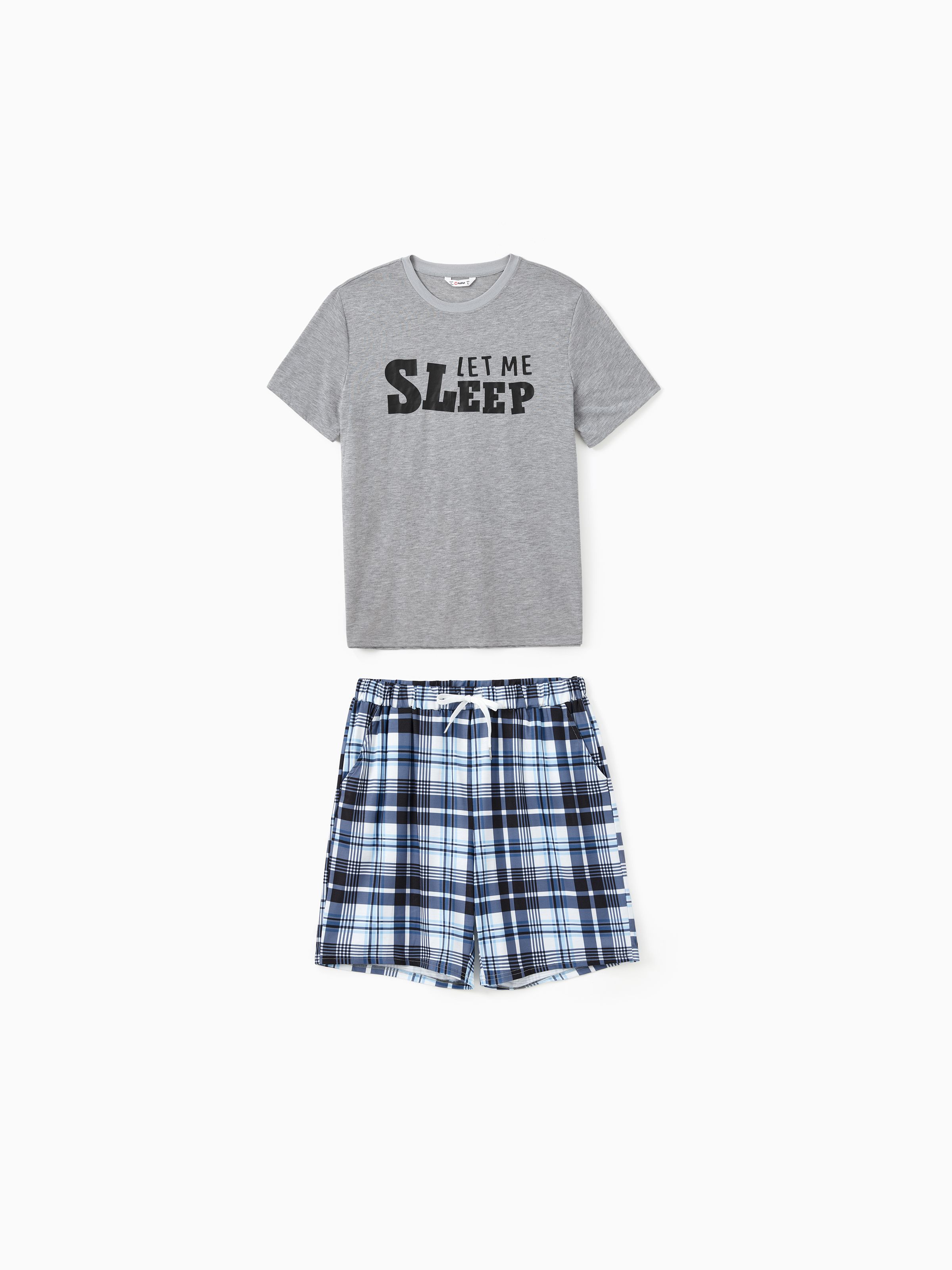 

Family Matching Pajamas Sets Let Me Sleep Slogan Print Top Blue Plaid Drawstring Shorts (Flame Resistant)