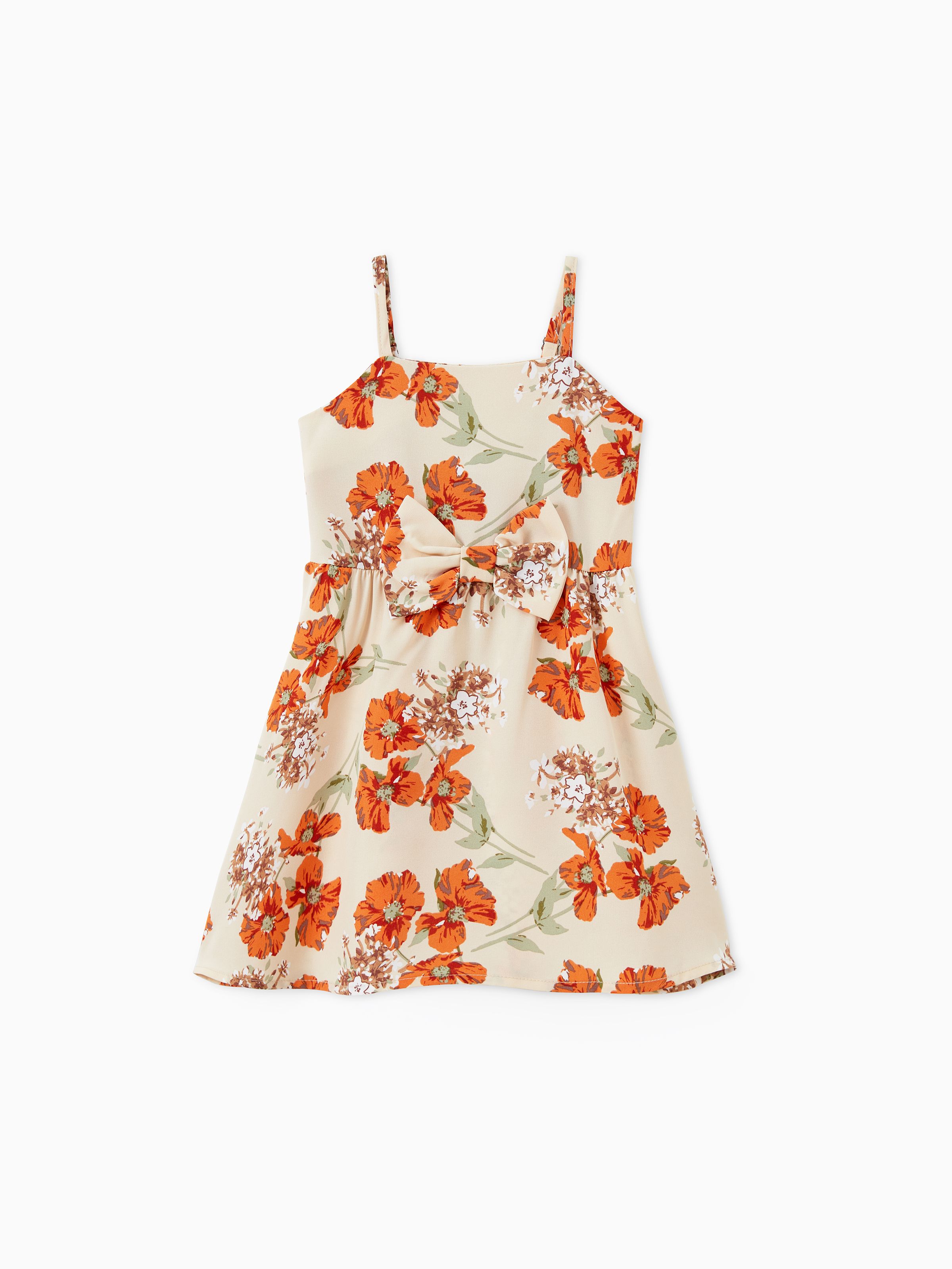 

Mommy and Me Apricot Floral Tie Waist Shirred Back Strap Dresses