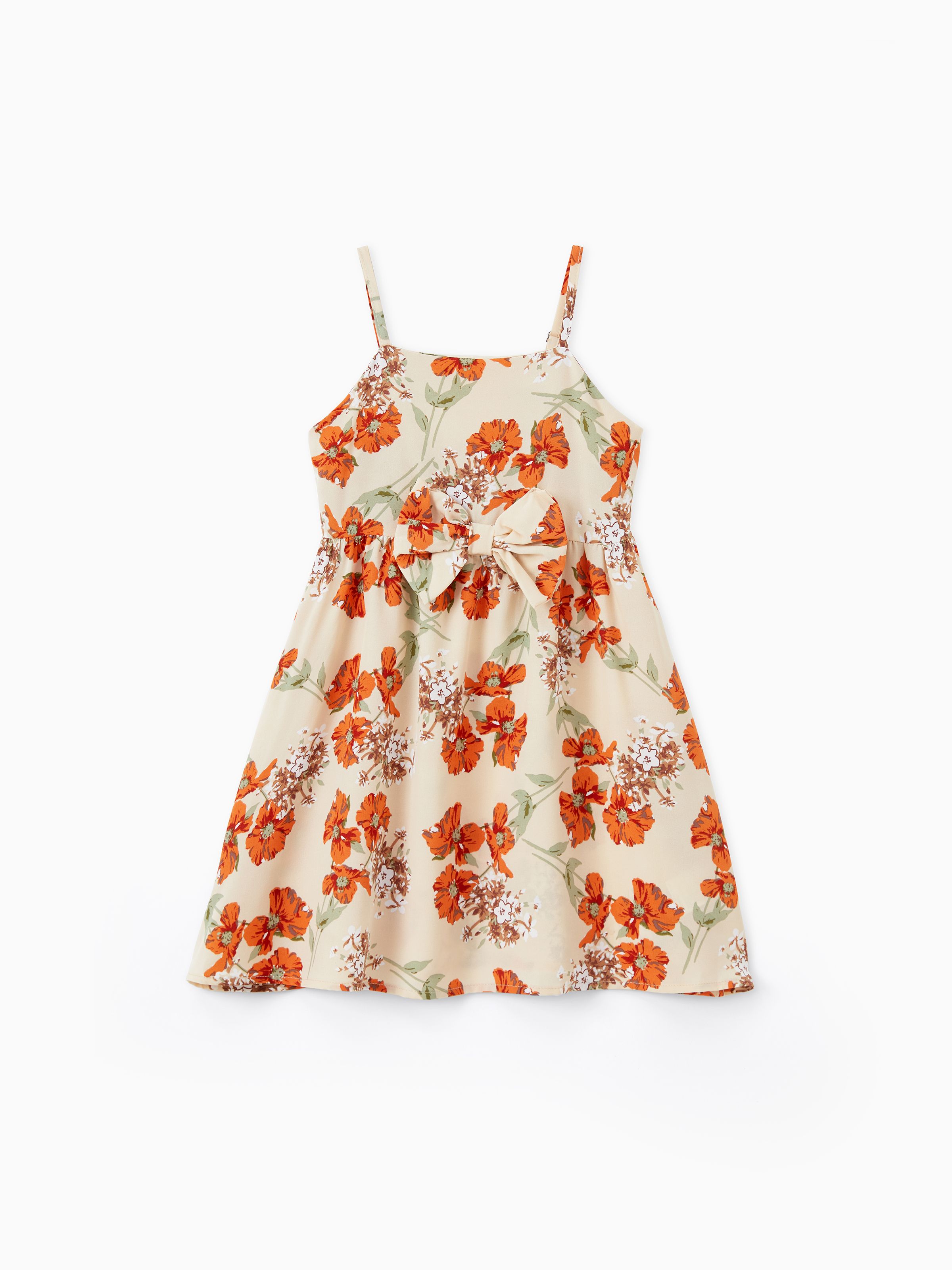 

Mommy and Me Apricot Floral Tie Waist Shirred Back Strap Dresses