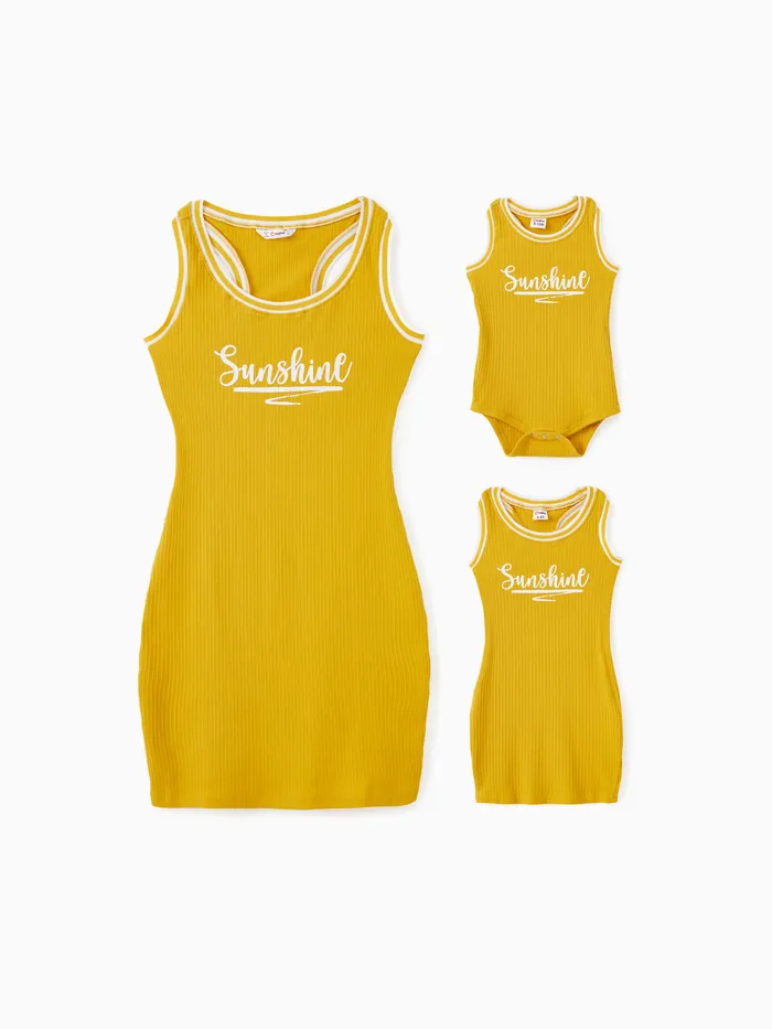Mommy and Me Yellow Sunshine Theme Ribbed Sleeveless Racerback Body-con Dress