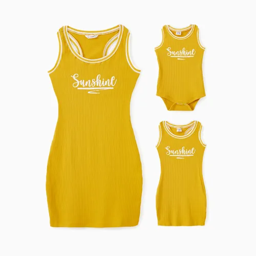 Mommy and Me Yellow Sunshine Theme Ribbed Sleeveless Racerback Body-con Dress