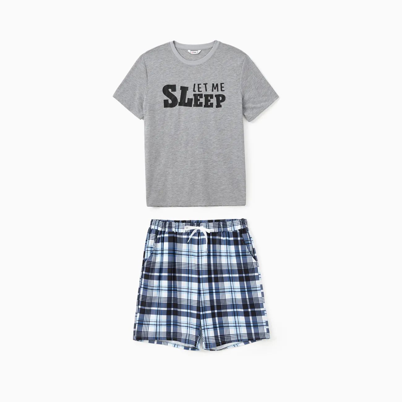 Family Matching Pajamas Sets Let Me Sleep Slogan Print Top Blue Plaid Drawstring Shorts