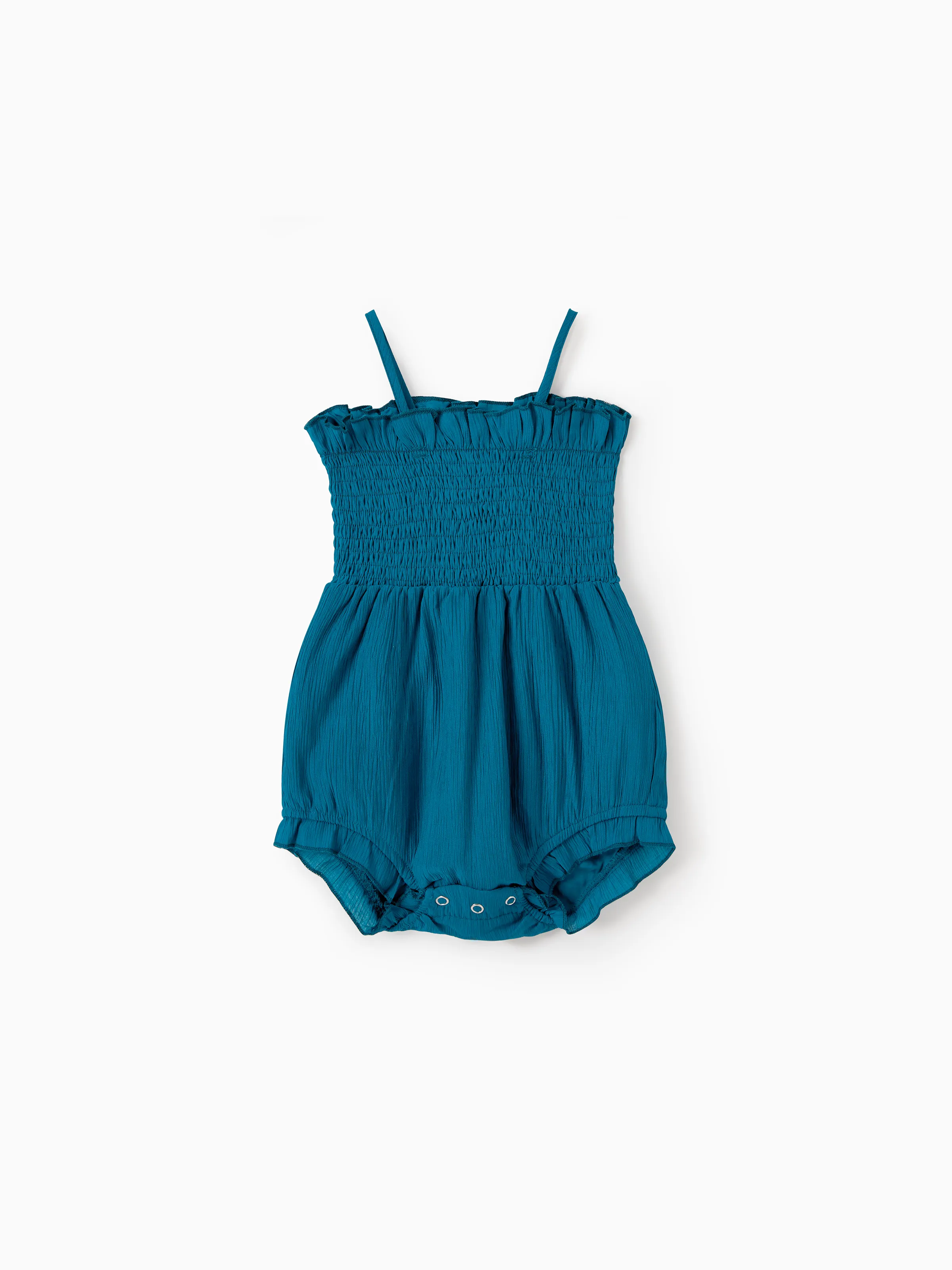 

Mommy and Me Peacock Blue V Neck Faux Button Accents Shirred Waist Ruffle Trim Dresses