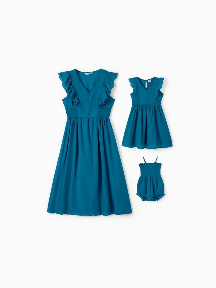 Mommy and Me Peacock Blue V Neck Faux Button Accents Shirred Waist Ruffle Trim Dresses