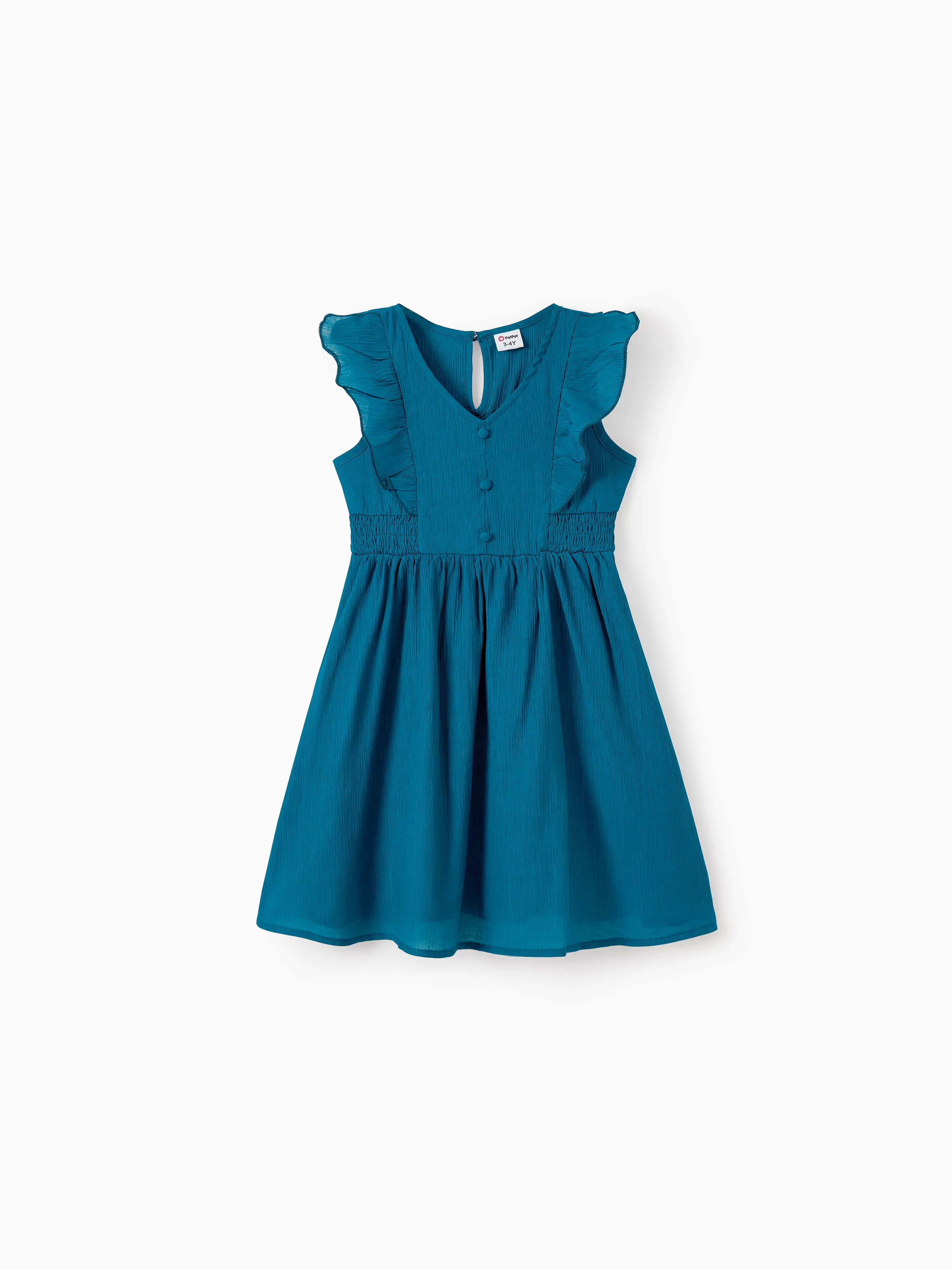 

Mommy and Me Peacock Blue V Neck Faux Button Accents Shirred Waist Ruffle Trim Dresses