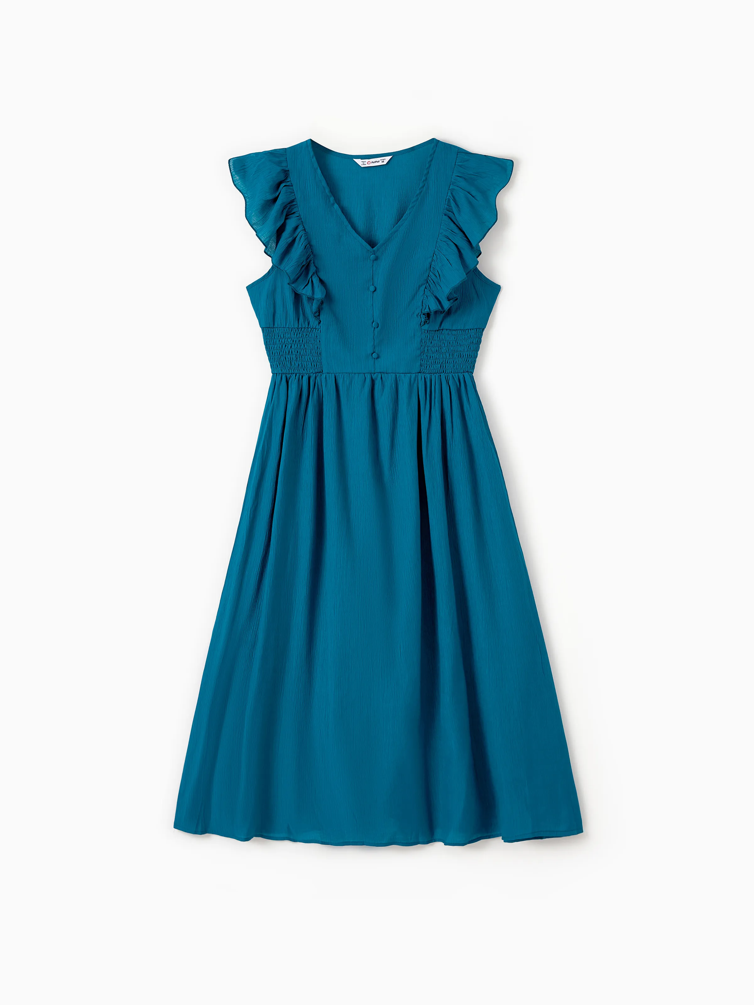 

Mommy and Me Peacock Blue V Neck Faux Button Accents Shirred Waist Ruffle Trim Dresses