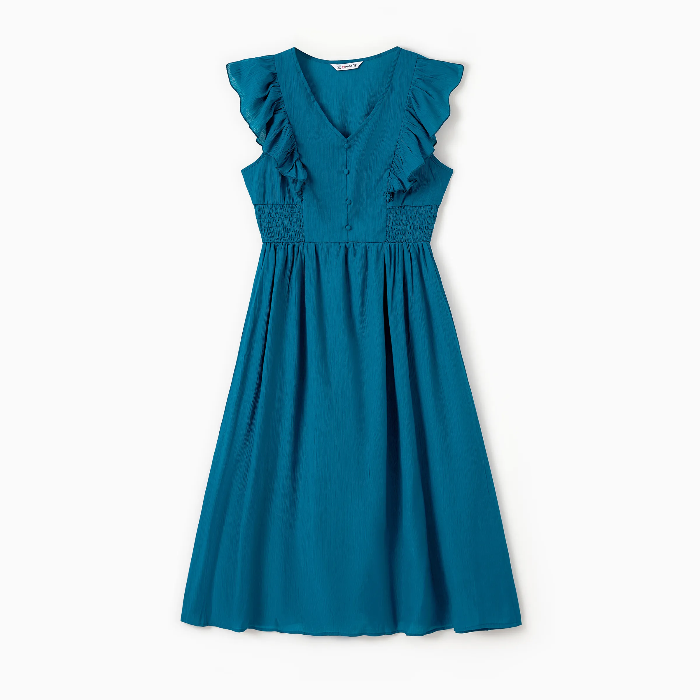 mommy and me peacock blue v neck faux button accents shirred waist ruffle trim dresses