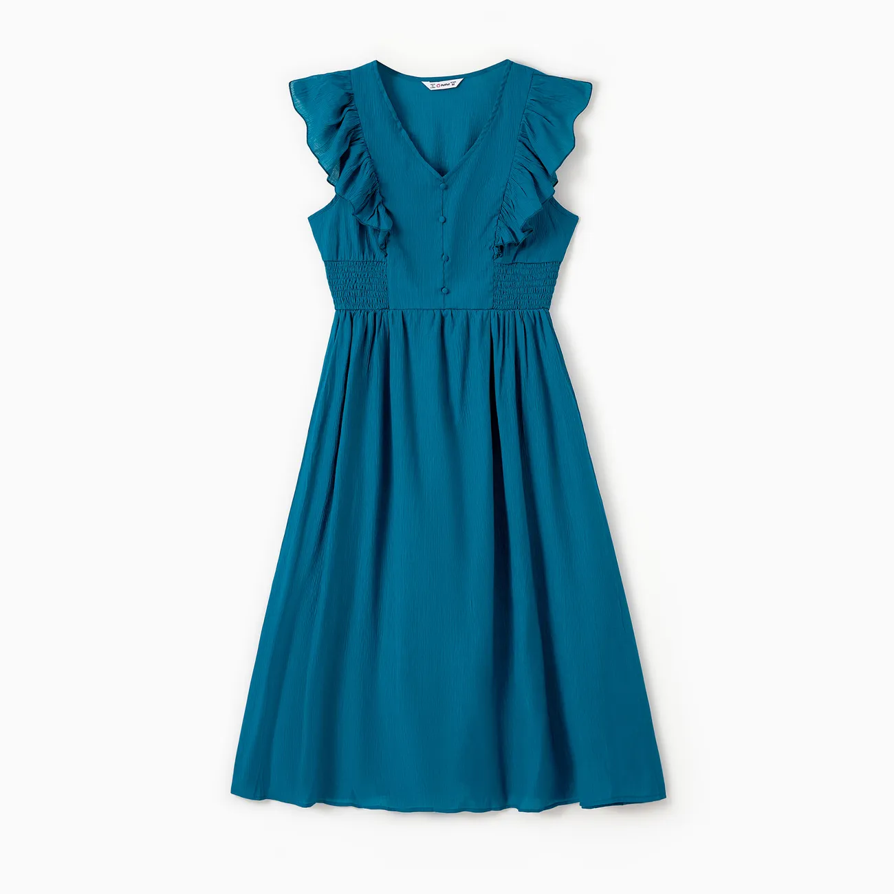 Mommy and Me Peacock Blue V Neck Faux Button Accents Shirred Waist Ruffle Trim Dresses