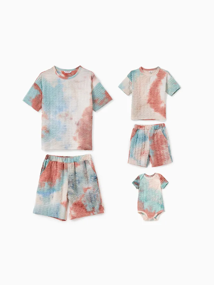 Mommy and Me Matching Sets Short Sleeves Tie-Dye Textured Fabric Top and Shorts with Pockets