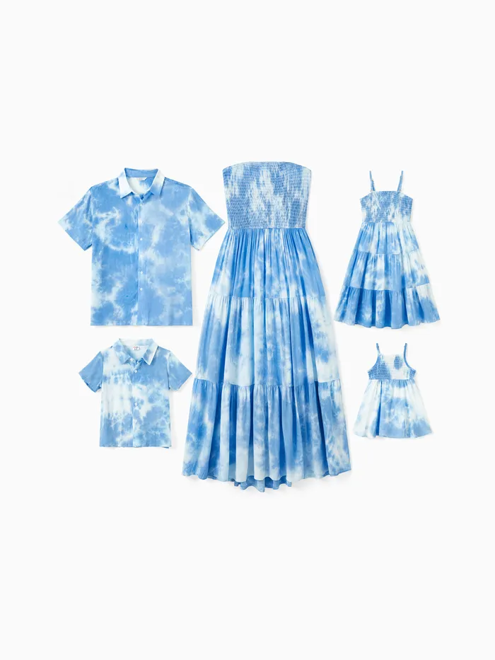 Family Matching Sets Blue Tie-Dye Print Shirt or Strapless Shirred Top Flowy Tiered Ruffle Hem Dress 