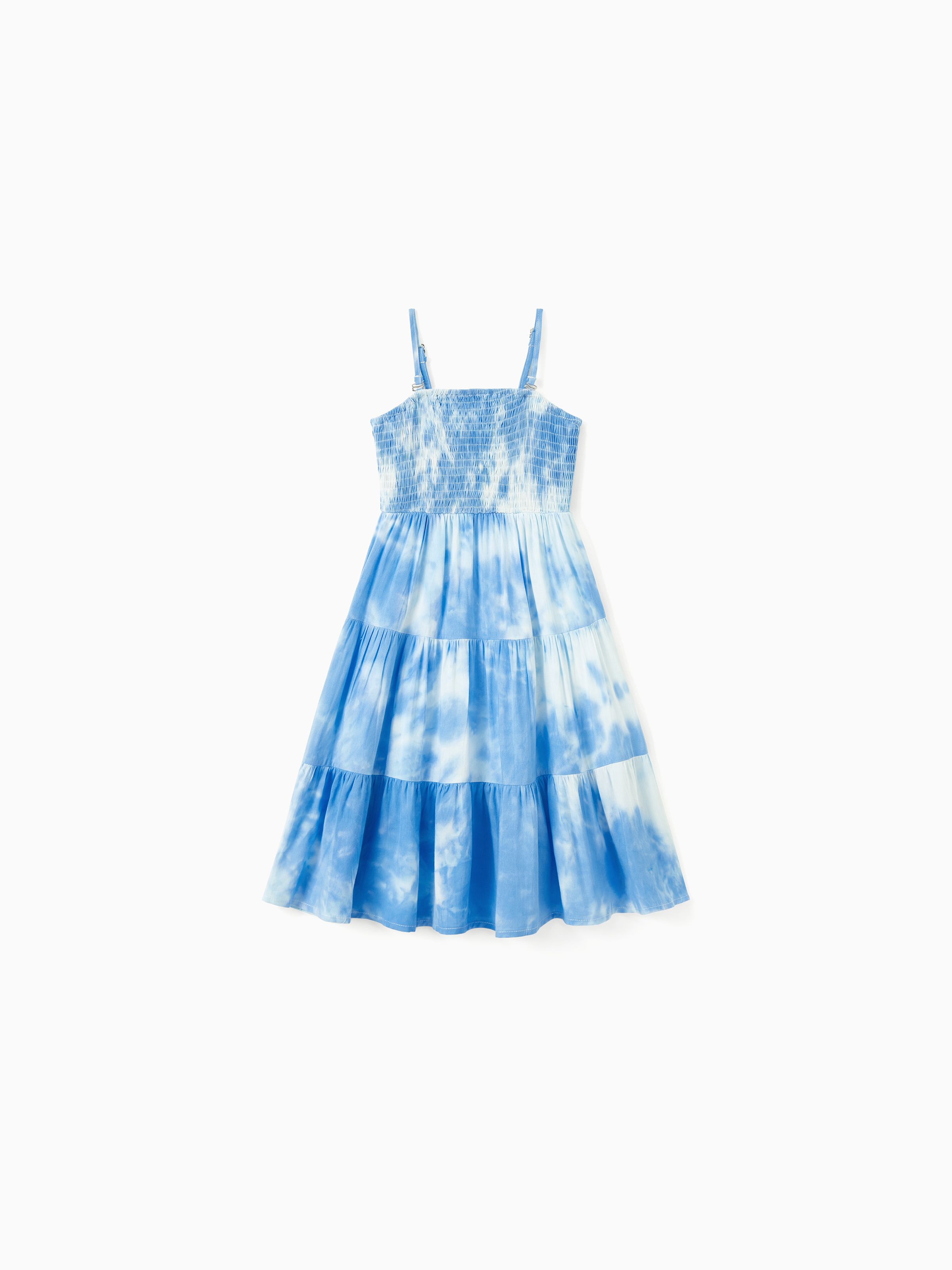 

Family Matching Sets Blue Tie-Dye Print Shirt or Strapless Shirred Top Flowy Tiered Ruffle Hem Dress