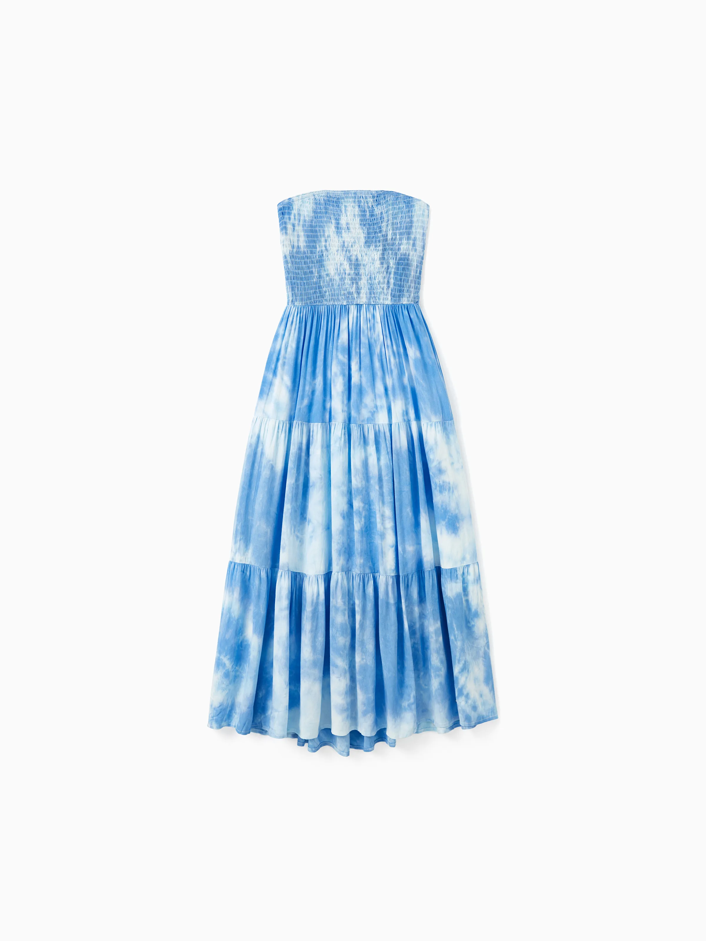 

Family Matching Sets Blue Tie-Dye Print Shirt or Strapless Shirred Top Flowy Tiered Ruffle Hem Dress