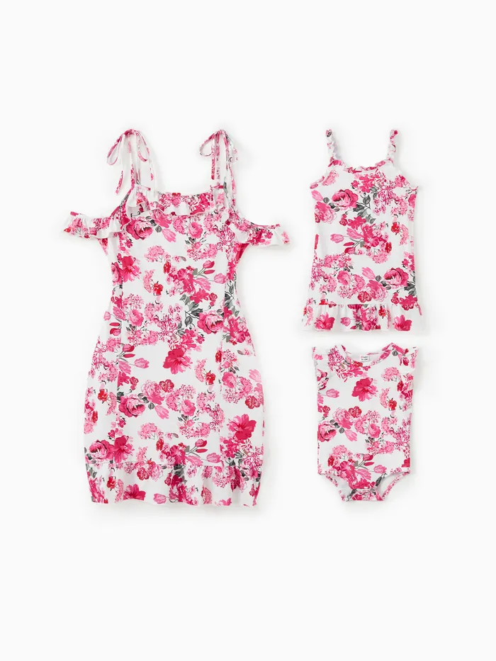 Family Matching Pink Floral Open Shoulder Ruffle Trim Body-con Strap Dresses