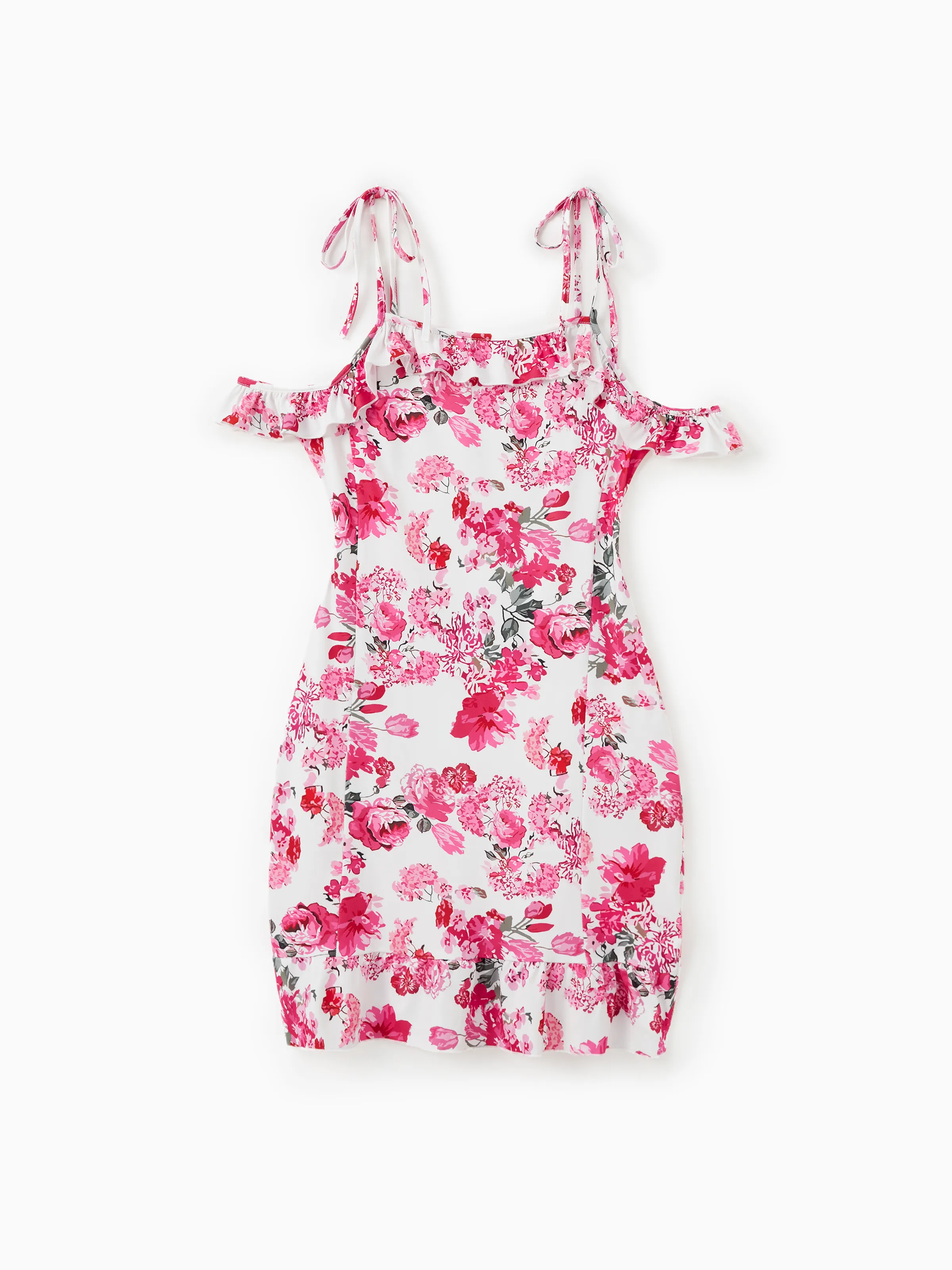 

Family Matching Pink Floral Open Shoulder Ruffle Trim Body-con Strap Dresses
