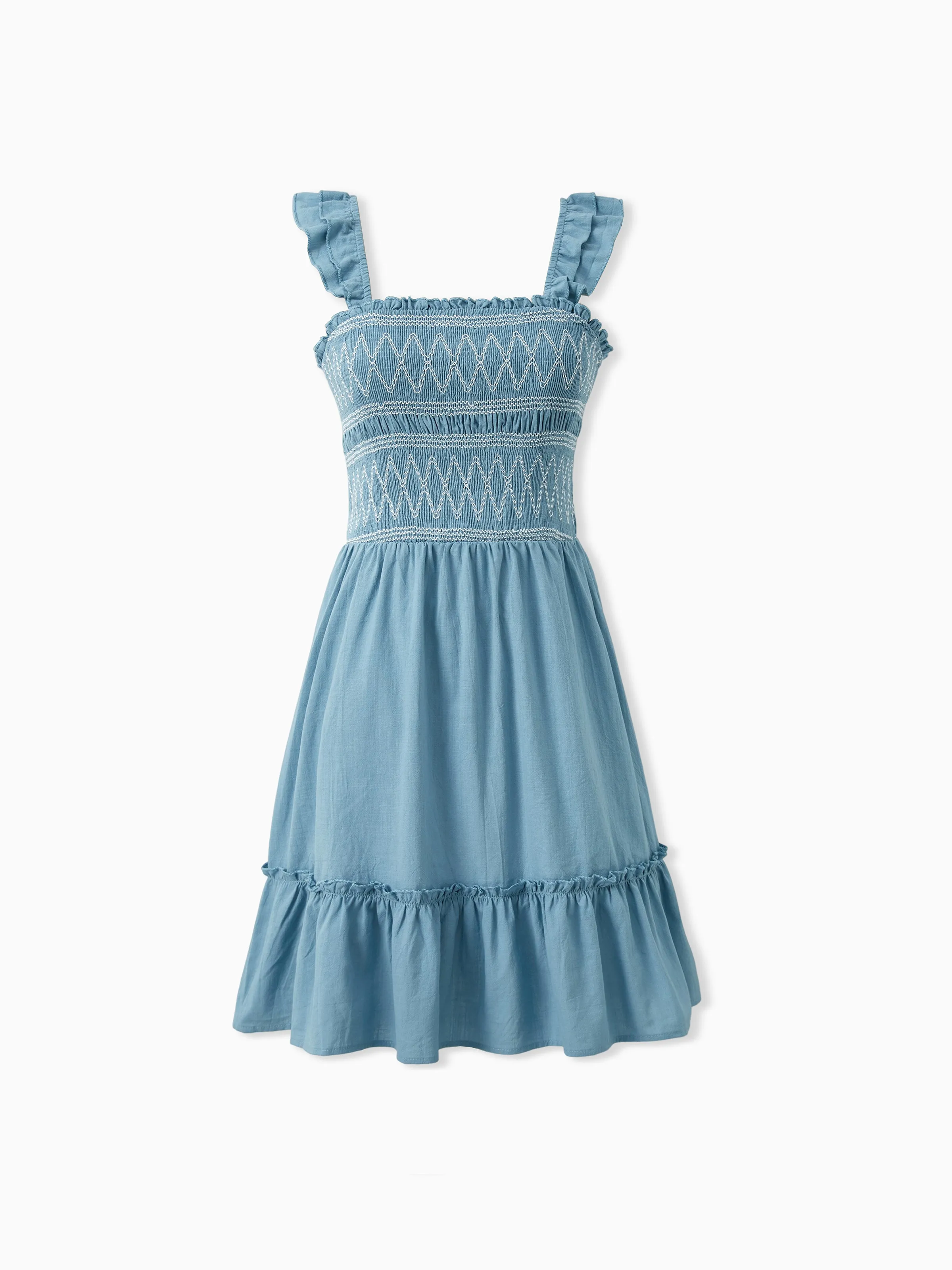 

Family Matching Sets Solid Color Shirt or Shirred Top Geometric Design Ruffle Hem Strap Dress