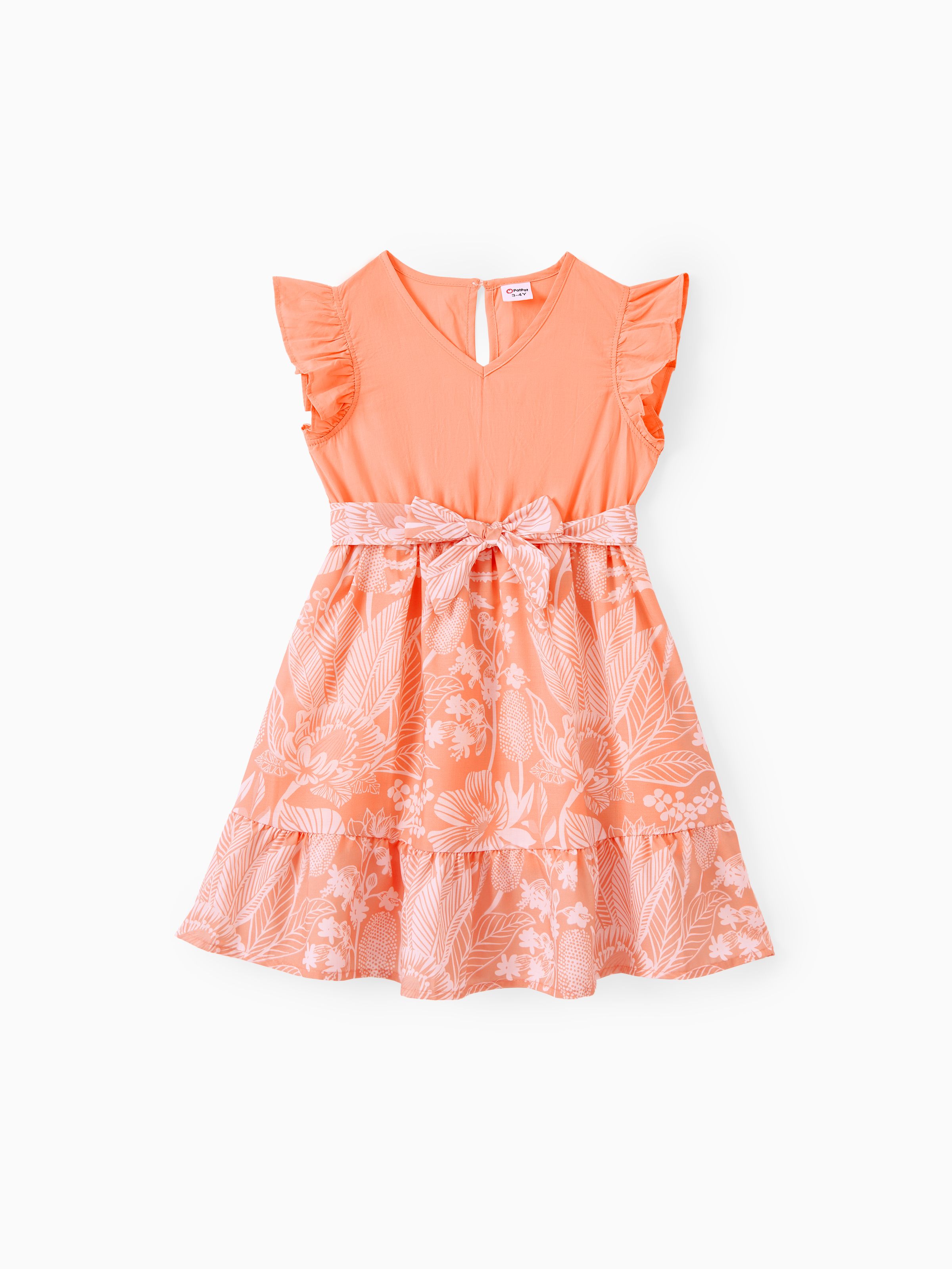 

Family Matching Sets Solid Color Orange Shirt or Tropical Plants Floral Faux Button Ruffle Hem Dress